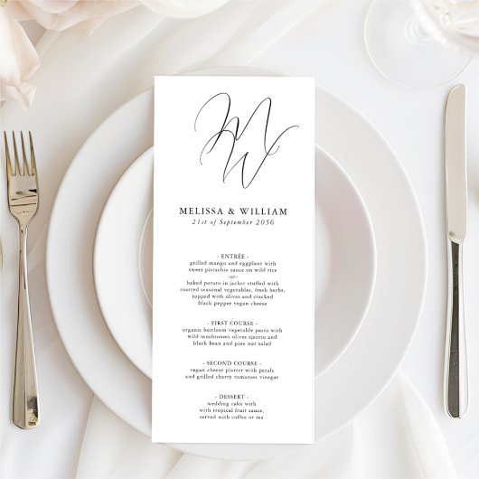 Menu Chic Monogramme Initiales Mariage noir blanc