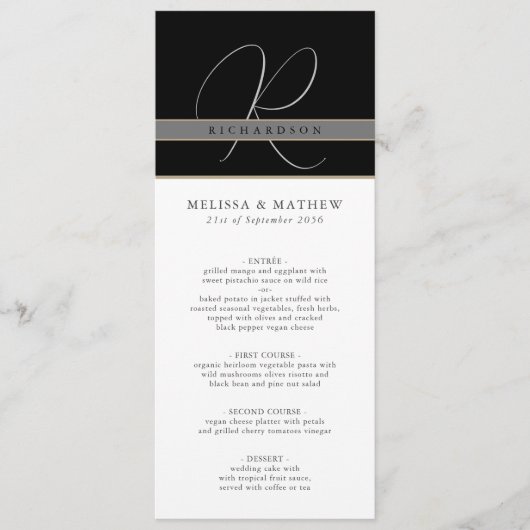 Menu Chic Monogramme Mariage noir noir blanc (Devant)