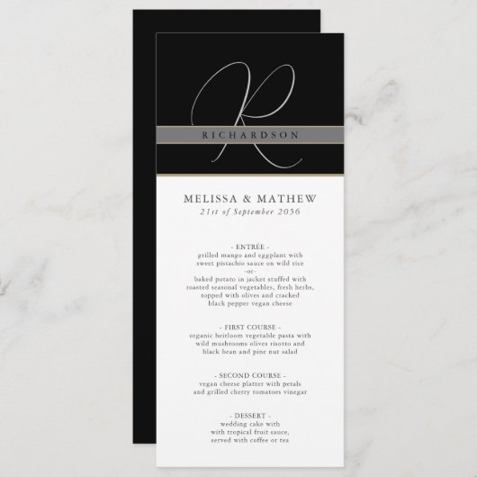 Menu Chic Monogramme Mariage noir noir blanc (Devant / Derrière)