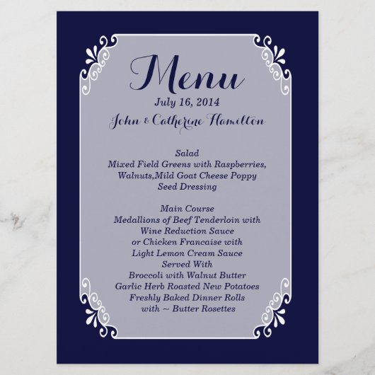 Menu Chic Navy Blue and White Custom Wedding (Devant)