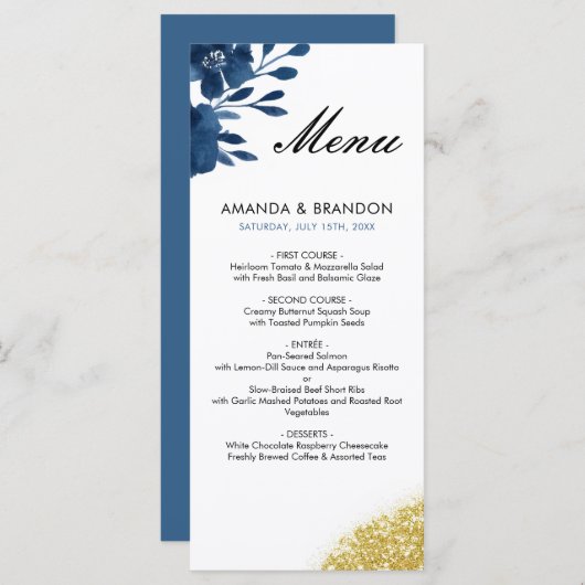 Menu Chic Navy Watercolor Flowers Mariage Parties scint (Devant / Derrière)