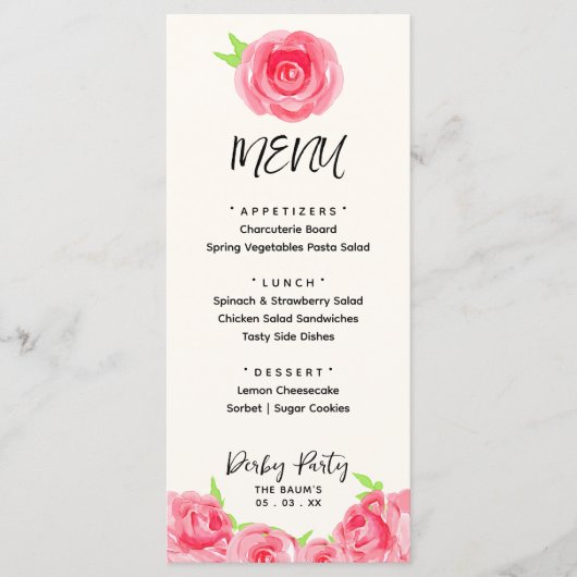 Menu Chic Rose Floral Derby Day Party (Devant)