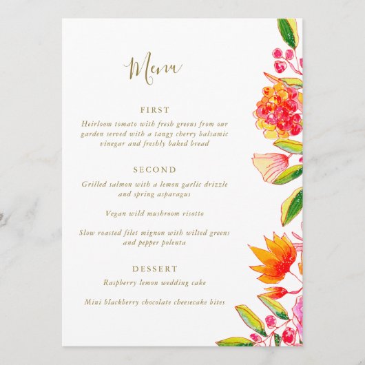 Menu Chic rose orange aquarelle Mariage de script Flora (Devant)