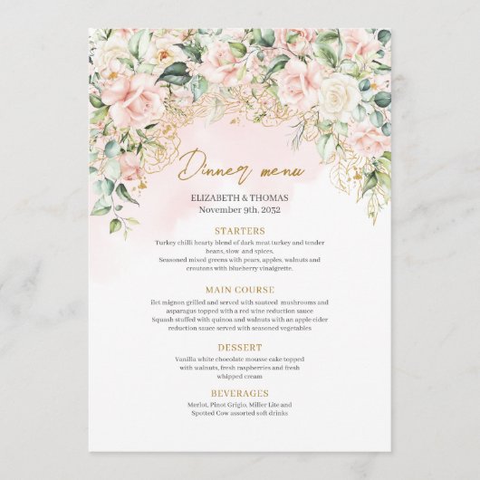 Menu Chic rose pastel roses sauge verdure or mariage (Devant)