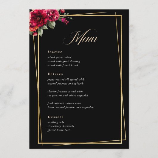 Menu chic rouge à fleurs mariage (Devant)