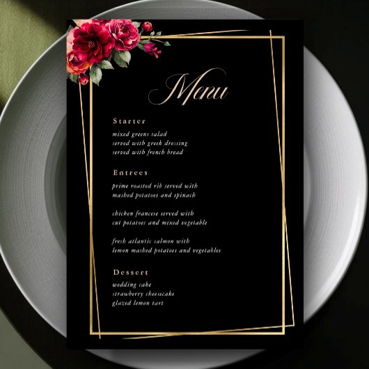 Menu chic rouge à fleurs mariage