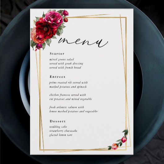 Menu Chic rouge rose floral et faux mariage or