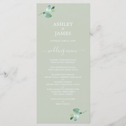 Menu Chic Script Eucalyptus Foliage Mariage vert (Devant)