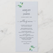Menu Chic Script Eucalyptus Foliage Pastel Mariage bleu (Devant)