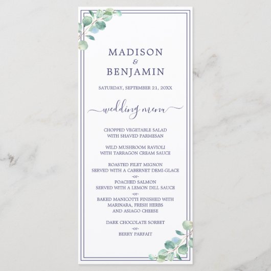 Menu Chic Script Green Foliing Marine Bleu Mariage fron (Devant)