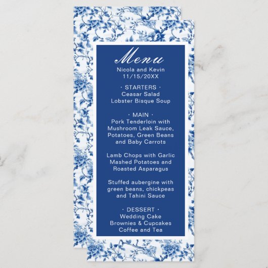 Menu Chinoiserie Blue Birds and Flowers Mariage (Devant / Derrière)