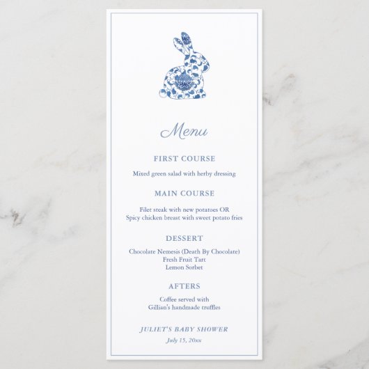 Menu Chinoiserie Bunny Blue Et White Baby shower Party (Devant)