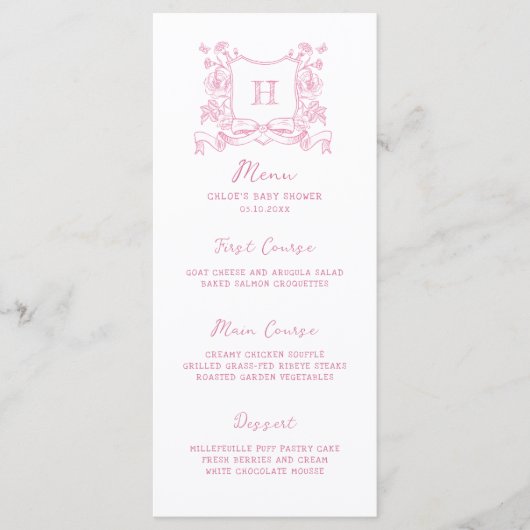Menu Chinoiserie Russe Bow Floral Crest Baby shower (Devant)