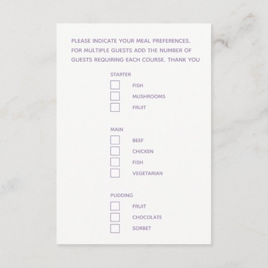 Menu choix options de repas texte de script violet (Dos)