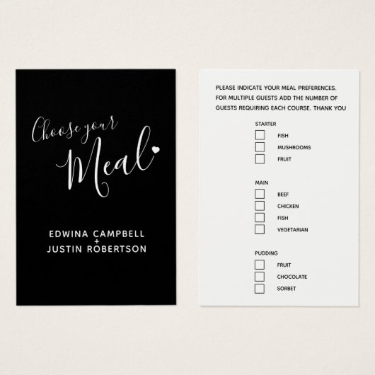 Menu choix options repas script texte noir (Devant & derrière)