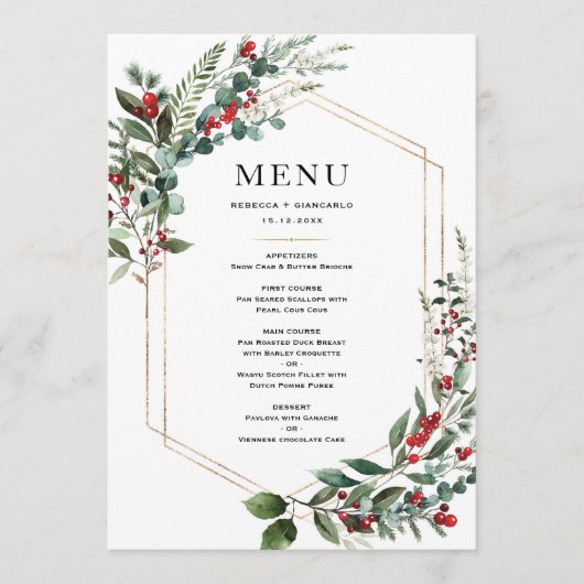 Menu Christmas Red Berries Winter Greenery Wedding (Devant)