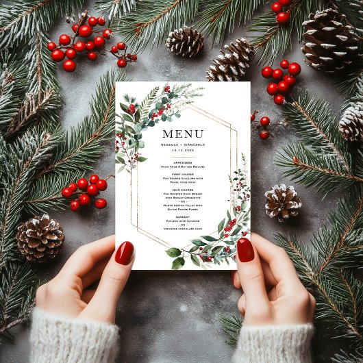Menu Christmas Red Berries Winter Greenery Wedding