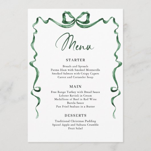 Menu Christmas Whimsical Funky Green Bow Dinner Party (Devant)