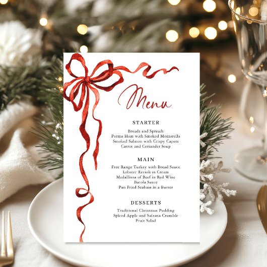 Menu Christmas Whimsical Funky Red Bow Dinner Party