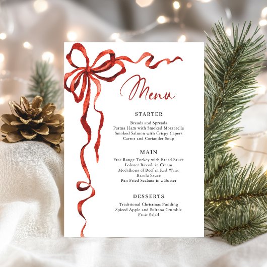 Menu Christmas Whimsical Funky Red Bow Dinner Party