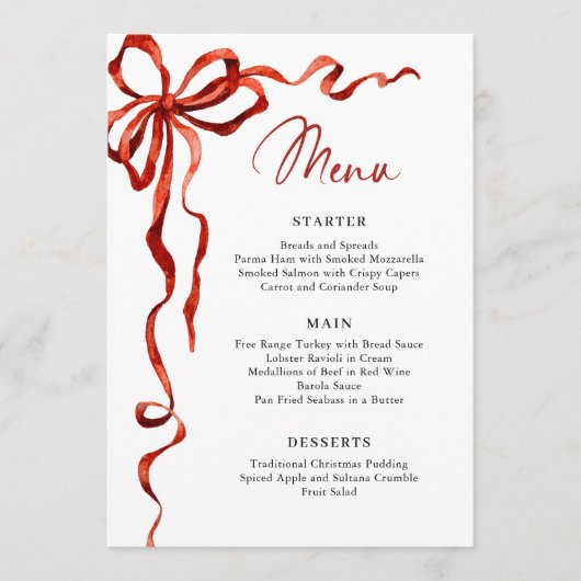 Menu Christmas Whimsical Funky Red Bow Dinner Party (Devant)