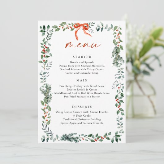 Menu Christmas Whimsical Red Bow Wreath Dinner Party (Debout devant)