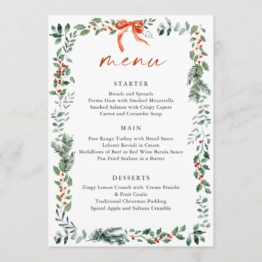 Menu Christmas Whimsical Red Bow Wreath Dinner Party (Devant)