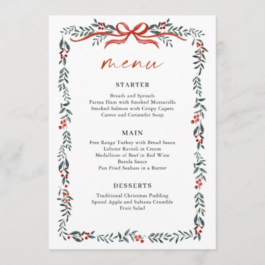 Menu Christmas Whimsical Red Bow Wreath Dinner Party (Devant)
