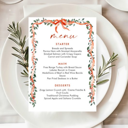 Menu Christmas Whimsical Red Bow Wreath Dinner Party