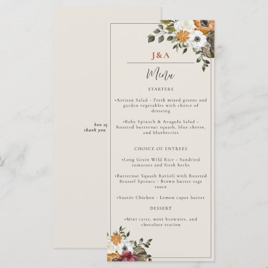 Menu Chute Floral Monogramme Mariage Aquarelle ivoire (Devant / Derrière)