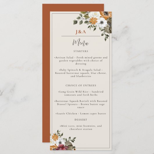 Menu Chute Floral Monogramme Mariage Aquarelle Terracot (Devant / Derrière)