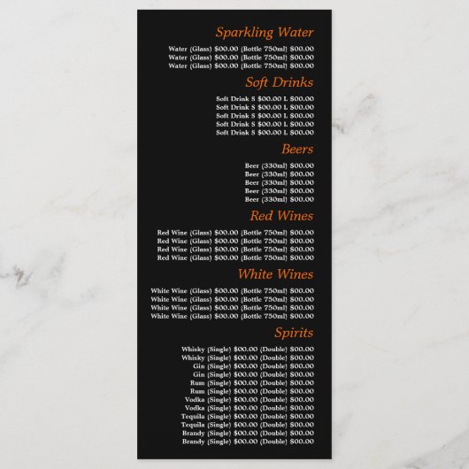 Menu Ciel de Nuit Soleil, Restaurant Mince (Dos)