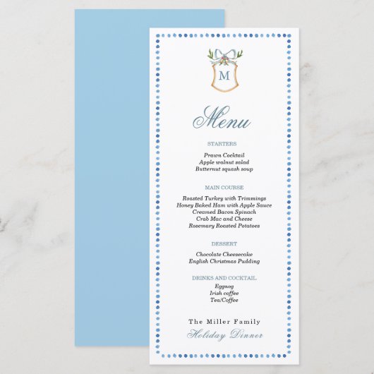 Menu Cimier avec monogramme Bleu & Blanc Vacances (Devant / Derrière)