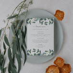 Menu Cimier d'Eucalyptus | Mariage d'aquarelle Feuille<br><div class="desc">Ce menu mariage simple et tendance propose des feuilles d'eucalyptus vert à l'aquarelle sur un arrière - plan blanc épuré avec écriture manuscrite moderne.</div>