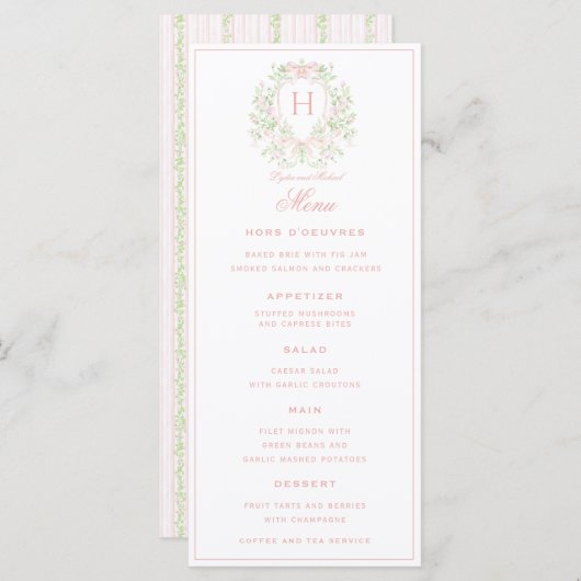 Menu Cimier doux avec vaches roses | Mariage monogramme (Devant / Derrière)