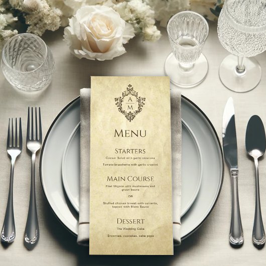 Menu Cimier Mariage Monogramme Parchemin Vintage Victor