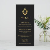 Menu Cimier Noir Faux Or Mariage élégant Monogramme (Debout devant)