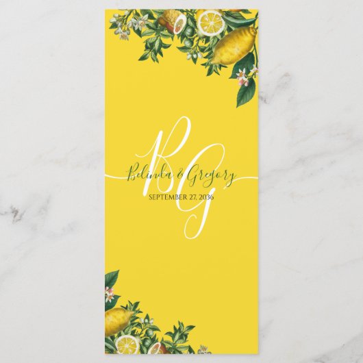 Menu Citron jaune rustique et feuillage Mariage de verd (Dos)