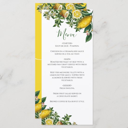 Menu Citron jaune rustique et feuillage Mariage de verd (Devant / Derrière)