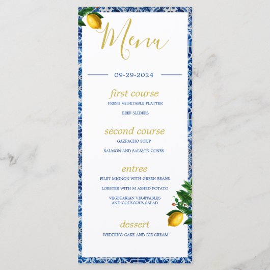 Menu Citrons Bleu Carreaux blancs Monogramme d'été (Devant)