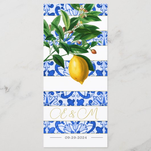 Menu Citrons d'été Carreaux blancs bleus Monogramme (Dos)