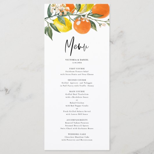 Menu Citrons et oranges botaniques Mariage d'été (Devant)