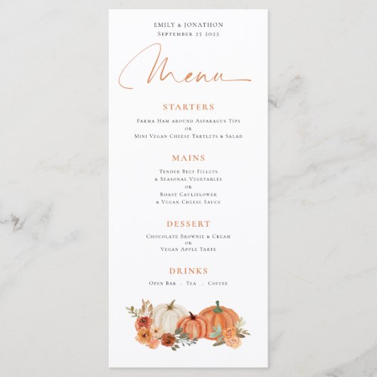 Menu Citrouille d'automne moderne Florals Mariage (Devant)