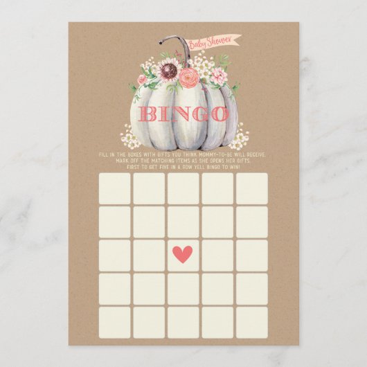 Menu Citrouille de chute blanc Baby shower Bingo Jeu (Devant)