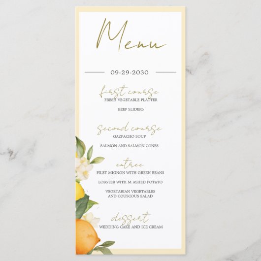 Menu Citrus Oranges Citrons Monogramme d'été (Devant)