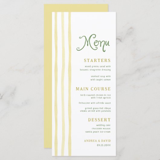 Menu Citrus Yellow Stripe Handwriting Summer Wedding (Devant / Derrière)