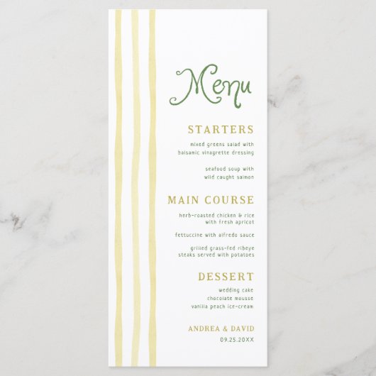 Menu Citrus Yellow Stripe Handwriting Summer Wedding (Devant)
