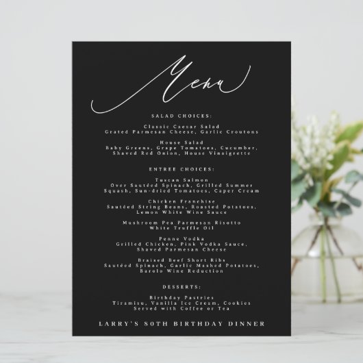Menu Classic Black White Calligraphy Birthday (Debout devant)