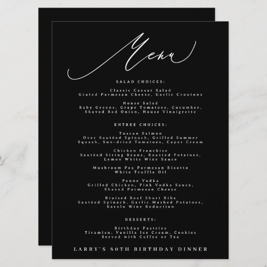 Menu Classic Black White Calligraphy Birthday (Devant / Derrière)