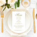 Menu Classic Elegant Antique Mariage d'or<br><div class="desc">Le design de carte de menu mariage d'or classique présente une belle typographie qui combine un script de calligraphie fleuri traditionnel avec du lettrage de bloc classique. Comprend un accent décoratif design de défilement. Le texte personnalisé peut être personnalisé avec un monogramme des noms de mariée et de mariée et...</div>